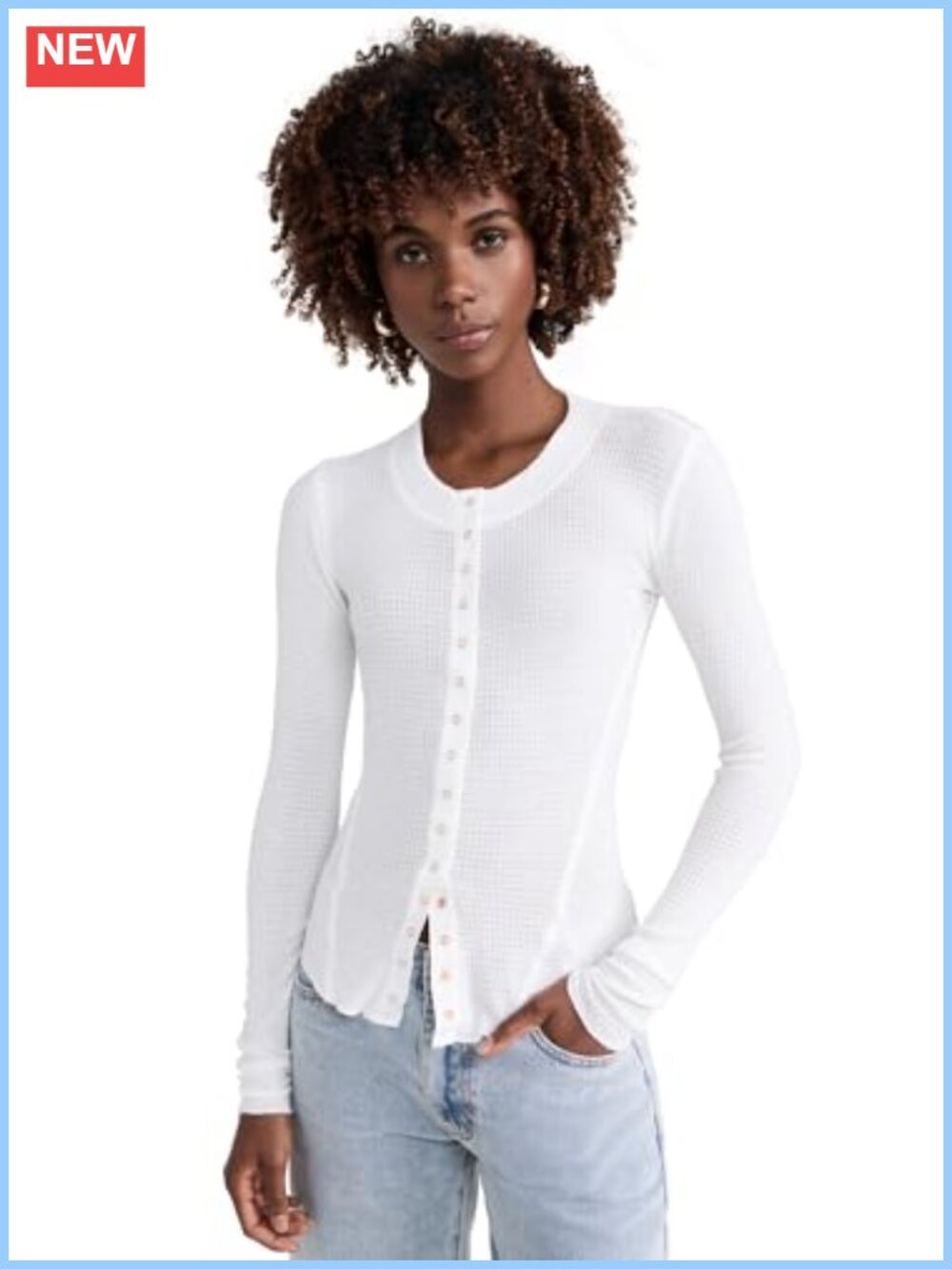 Waffle Knit Snap Cardigan Long Sleeve Crew Neck Lightweight